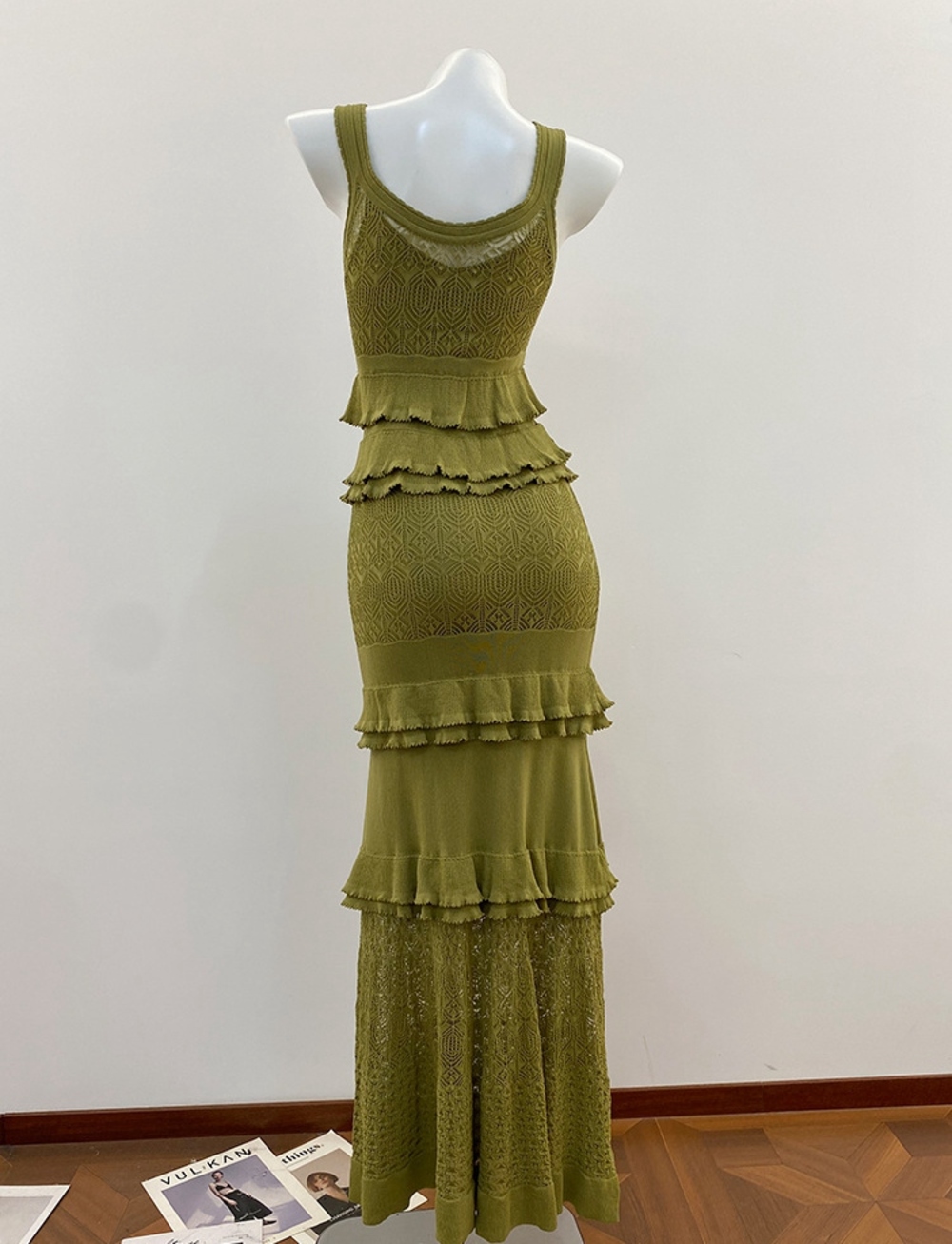 🟢Sandro Olive Green Tiered Ruffle Knit Midi Dress Sleeveless Lace - Picture 4 of 12